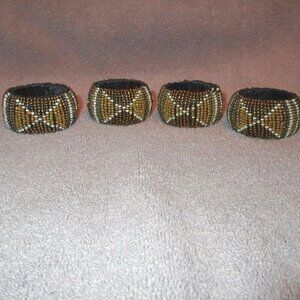 Vtg Set Of 4 Beaded Napkin Rings Reversible Diamond Earthtones MCM Indian Boho